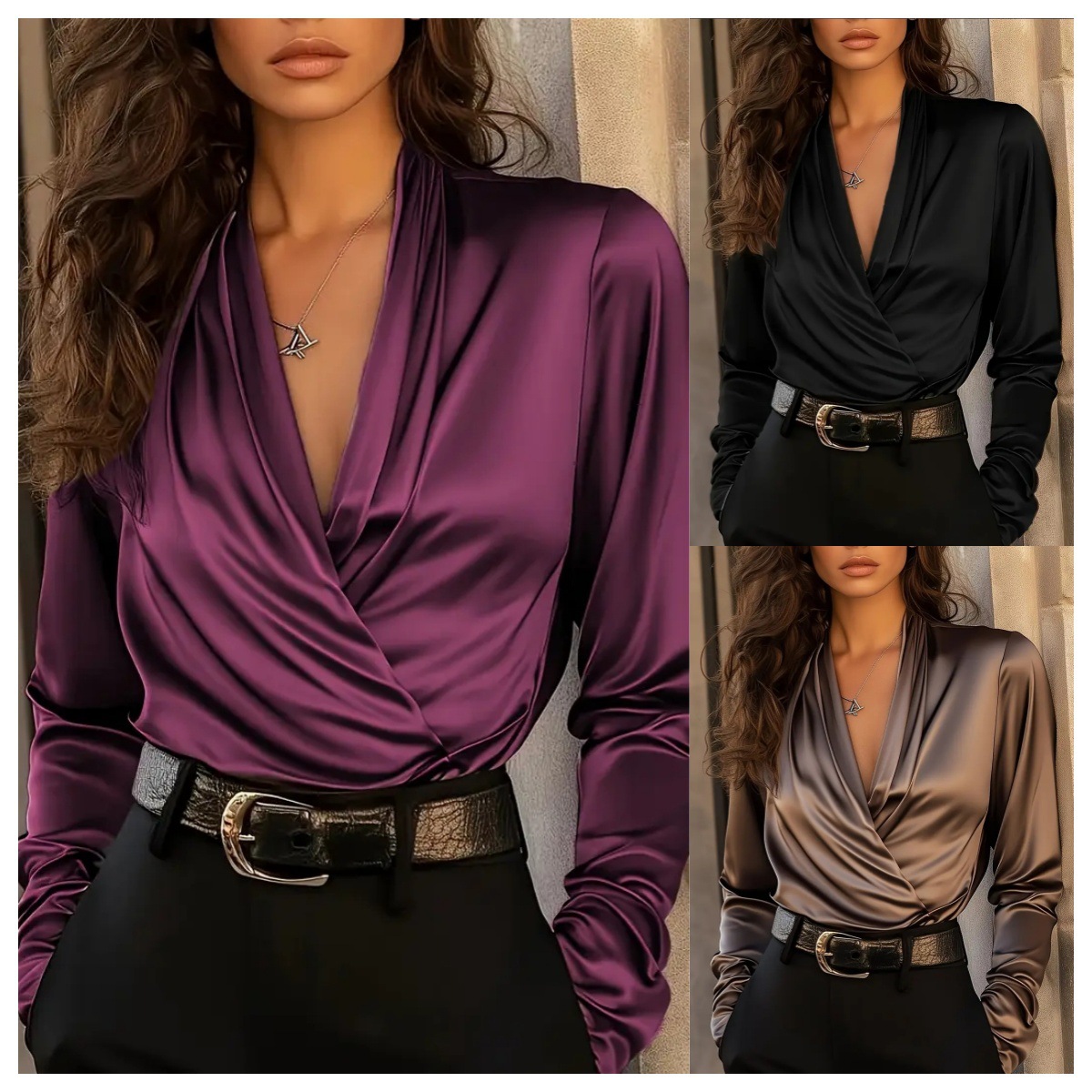 Women'S Formal Evening Wear Tops - Women's Satin Wrap V Neck Long