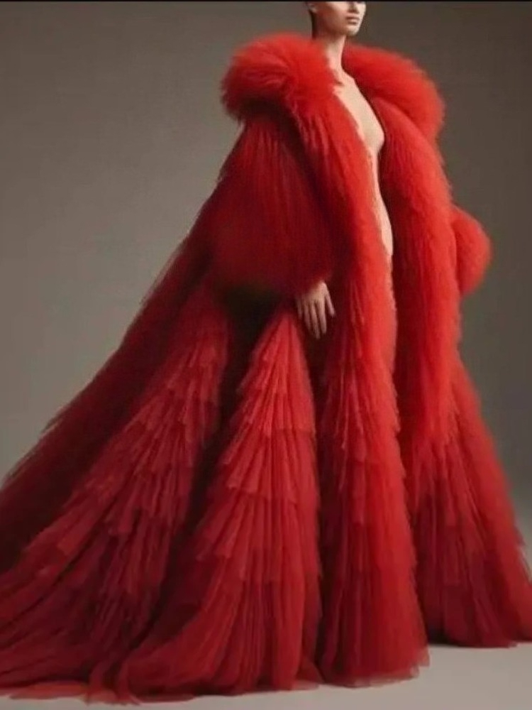 Women'S Red Formal Wear - Red Fluffy Pleated Ruffled Long Sleeved