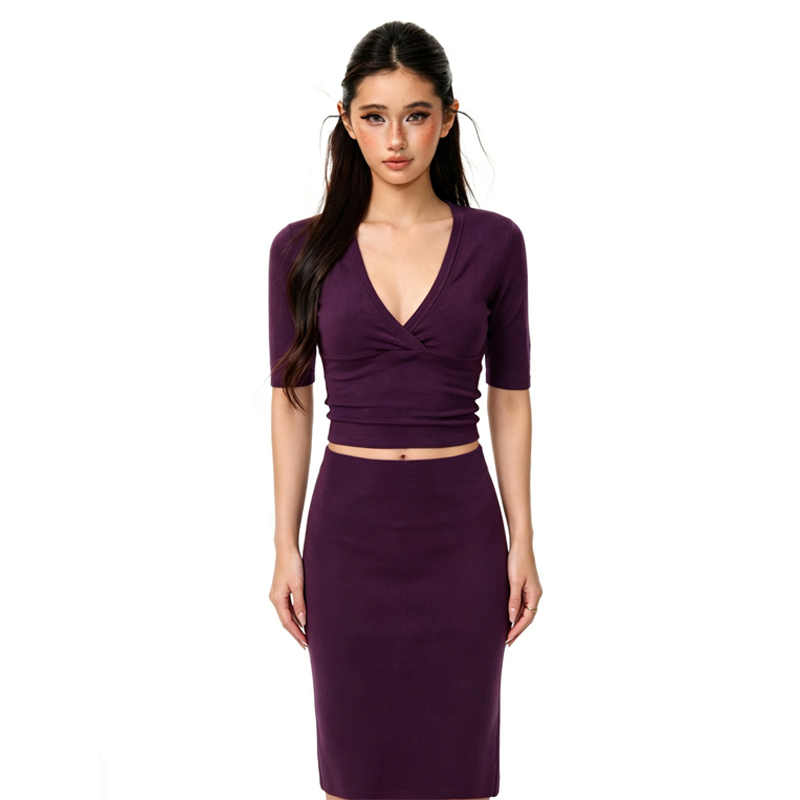 Pencil Skirt Midi - Women French V-Neck Half Sleeve Slim