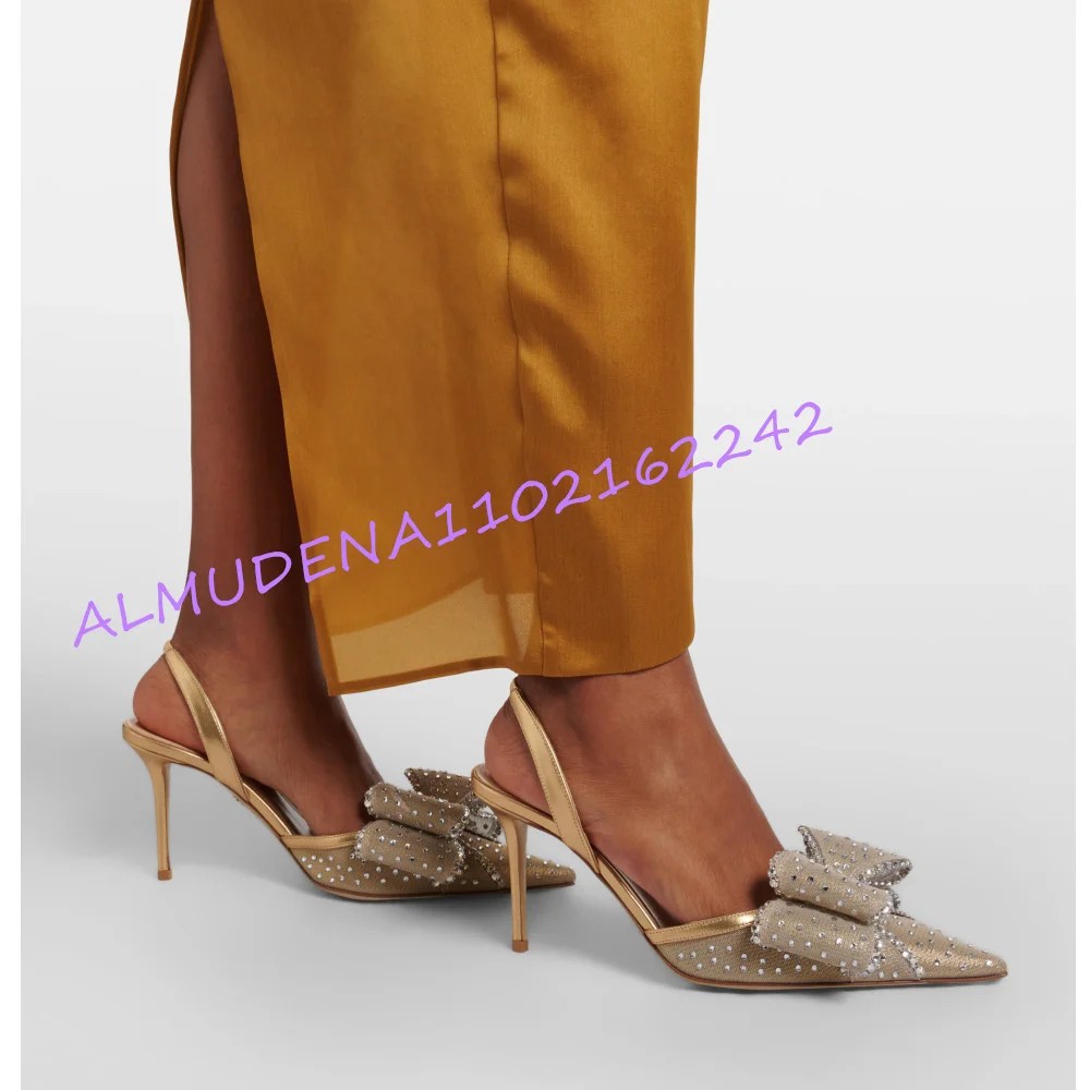 Slingback Heel Formal - Women Champagne Mesh Rhinestone Bow Slingback