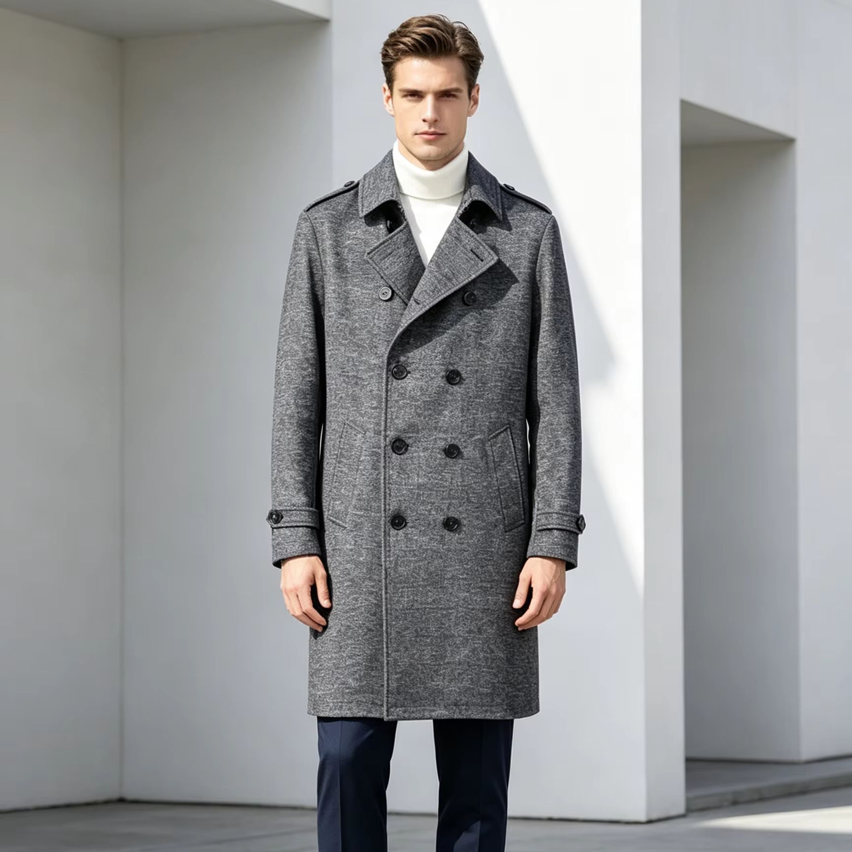 Men 100% Pure Wool Long Overco - Trench Coat Formal 评论和价格