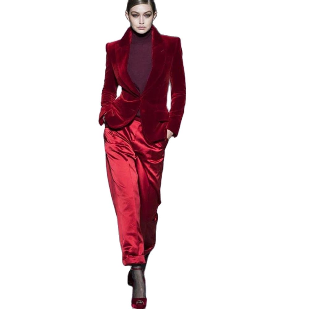 Women Pant Suits Wine Red Velv - Women'S Red Formal Wear 评论和价格